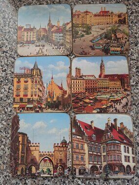 Set Of 6 Vintage Cork Backed Coasters Historic Cityscapes of Germany/Munich